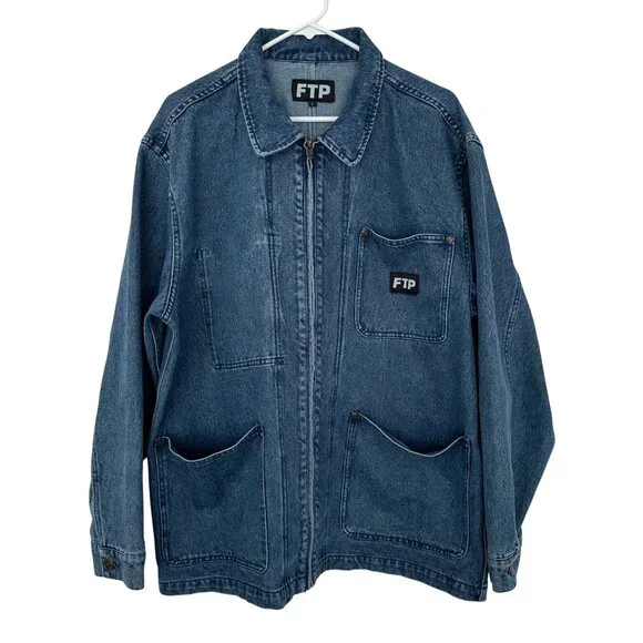 FTP Mens Frayed Denim Logo Chore Jean Jacket Size Large Blue